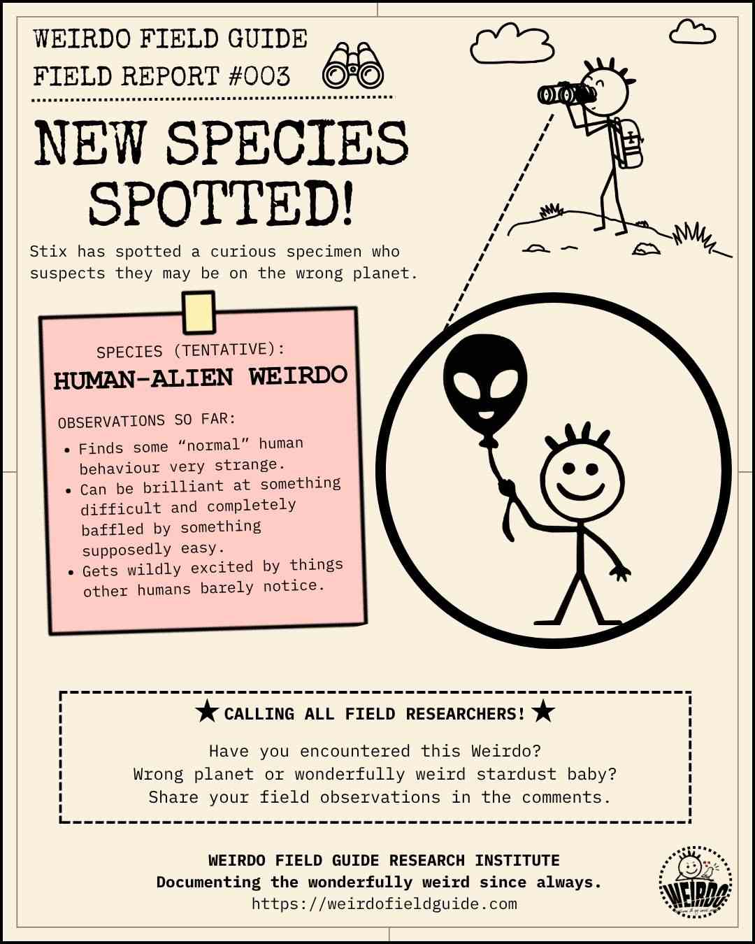 WEIRDO Field Report #003 showing a Human-Alien Weirdo holding an alien balloon, with observations about feeling different from other humans.