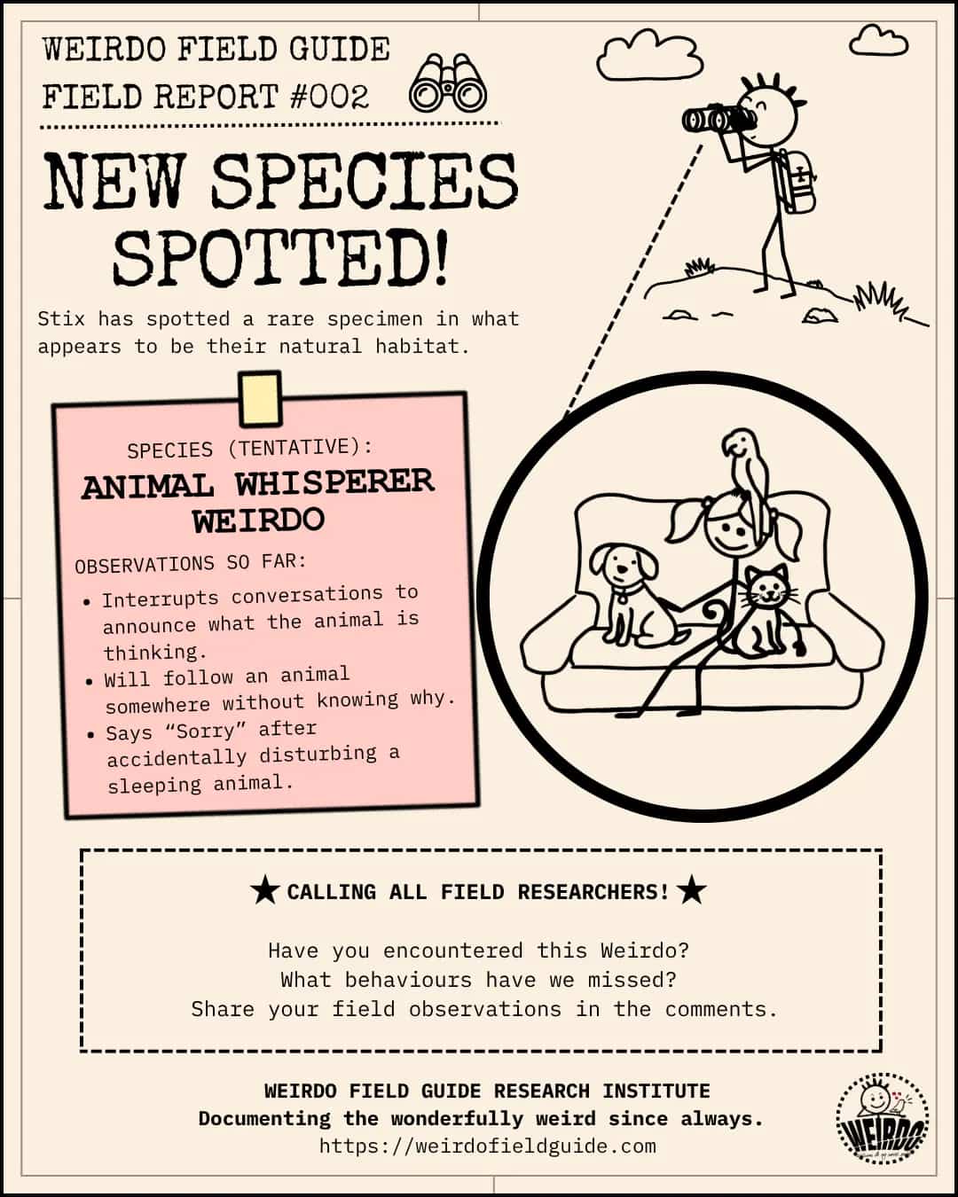 WEIRDO Field Report #002 showing an Animal Whisperer Weirdo surrounded by a dog, cat and bird, with observed behaviours.