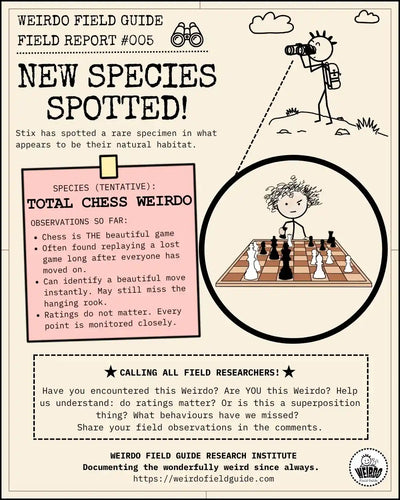 WEIRDO Field Report #005 showing a Total Chess Weirdo studying a chessboard, with observed behaviours and a call for field observations.