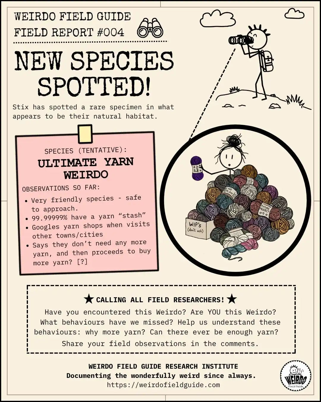 WEIRDO Field Report #004 showing an Ultimate Yarn Weirdo surrounded by a huge yarn stash, with observations about buying and collecting yarn.