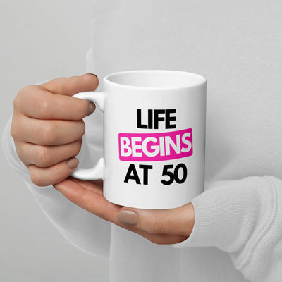 Life Begins at 50 mug — fun 50th birthday gift from Nicky Digital