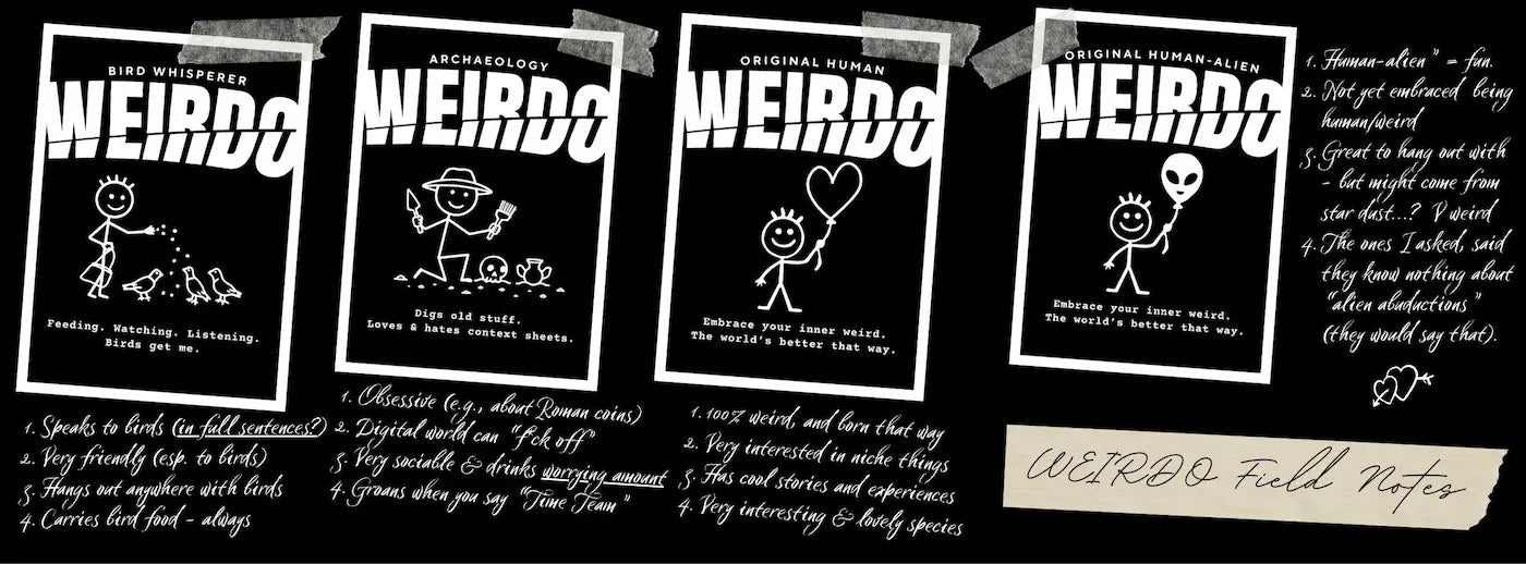 Examples of the Weirdo Field Notes Field Equipment & Apparel from WEIRDO Field Guide