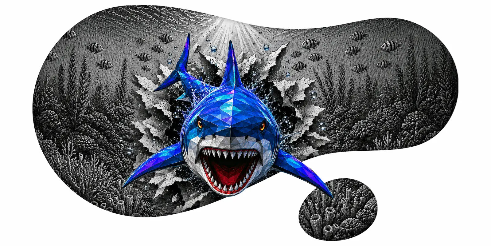 Blue shark illustration on a monochrome underwater background - an original design from Infinitees